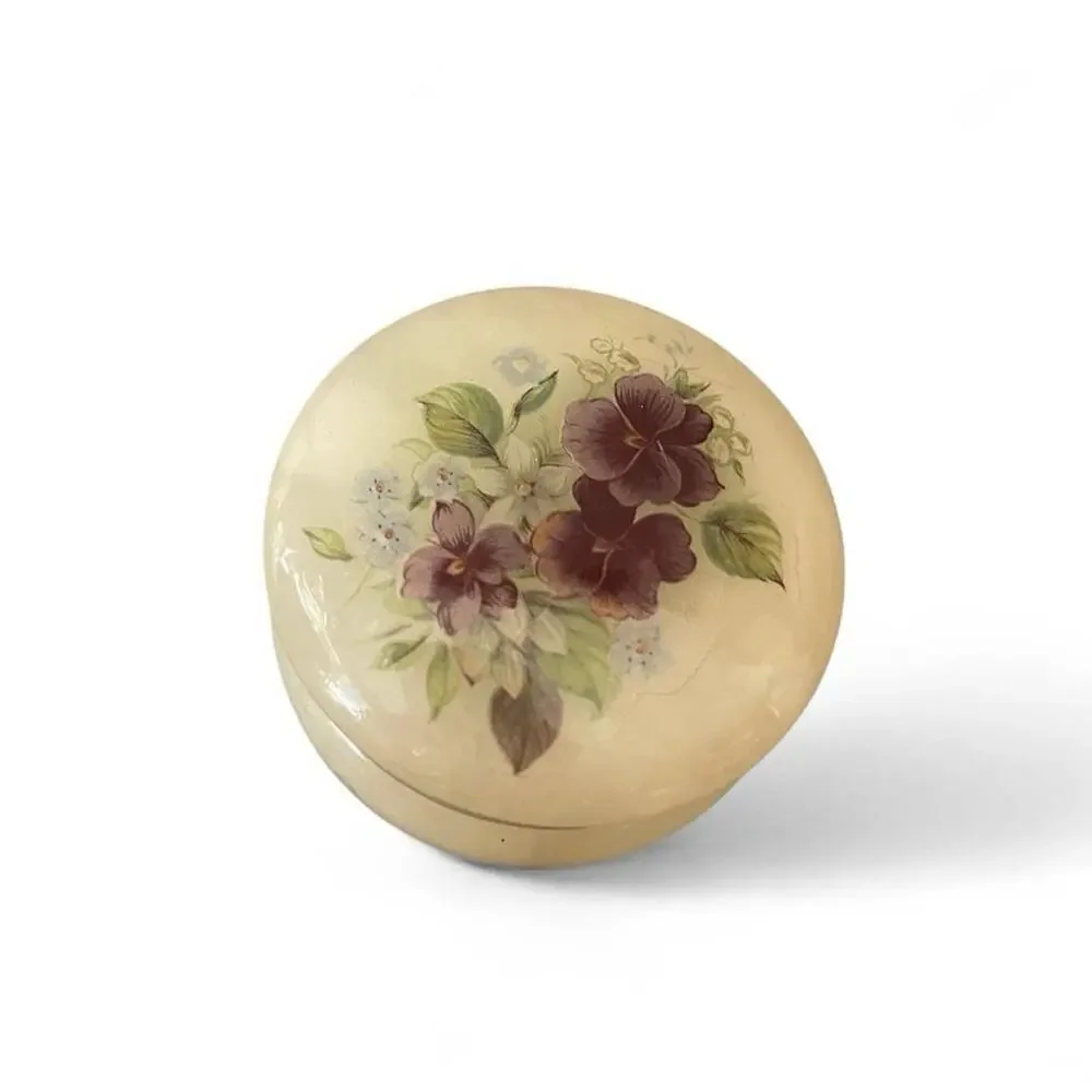 Vintage Alabaster Floral Trinket Box Round Hinged Vanity Pill Box Jewelry